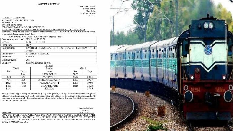 15 अक्टूबर से दौड़ेगी कालका- नई दिल्ली शताब्दी एक्सप्रेस