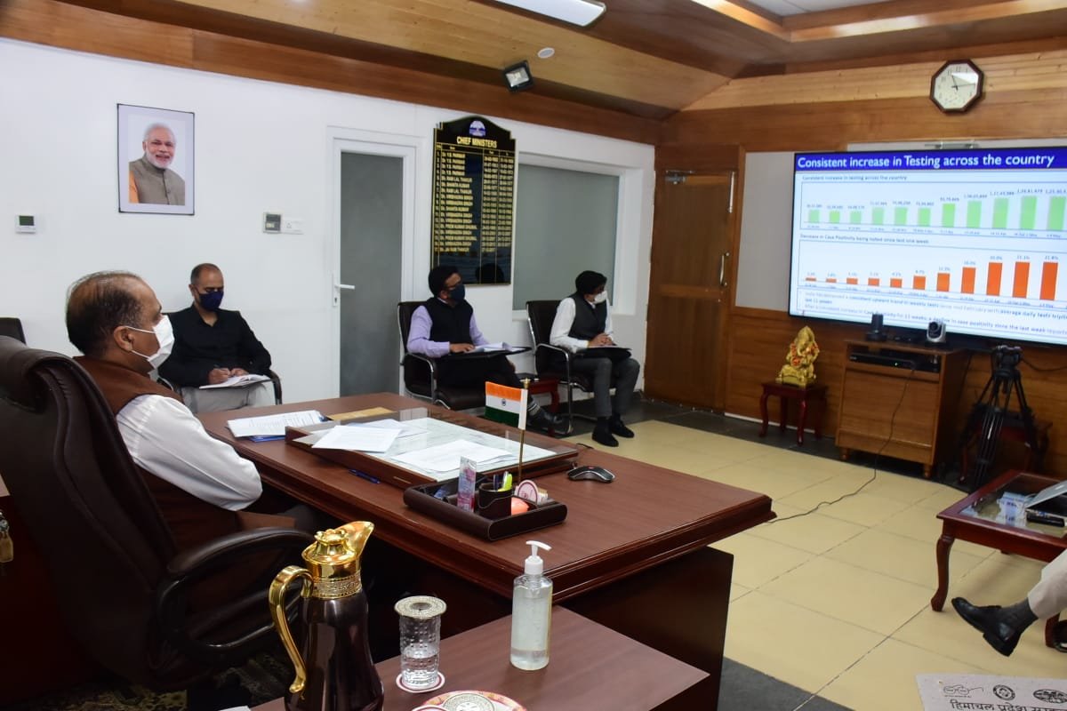 कोविड को लेकर PM मोदी ने वीडियो कॉन्फ्रेंसिंग के जरिए जिला अधिकारियों से की बात, मुख्यमंत्री जयराम भी हुए शामिल।