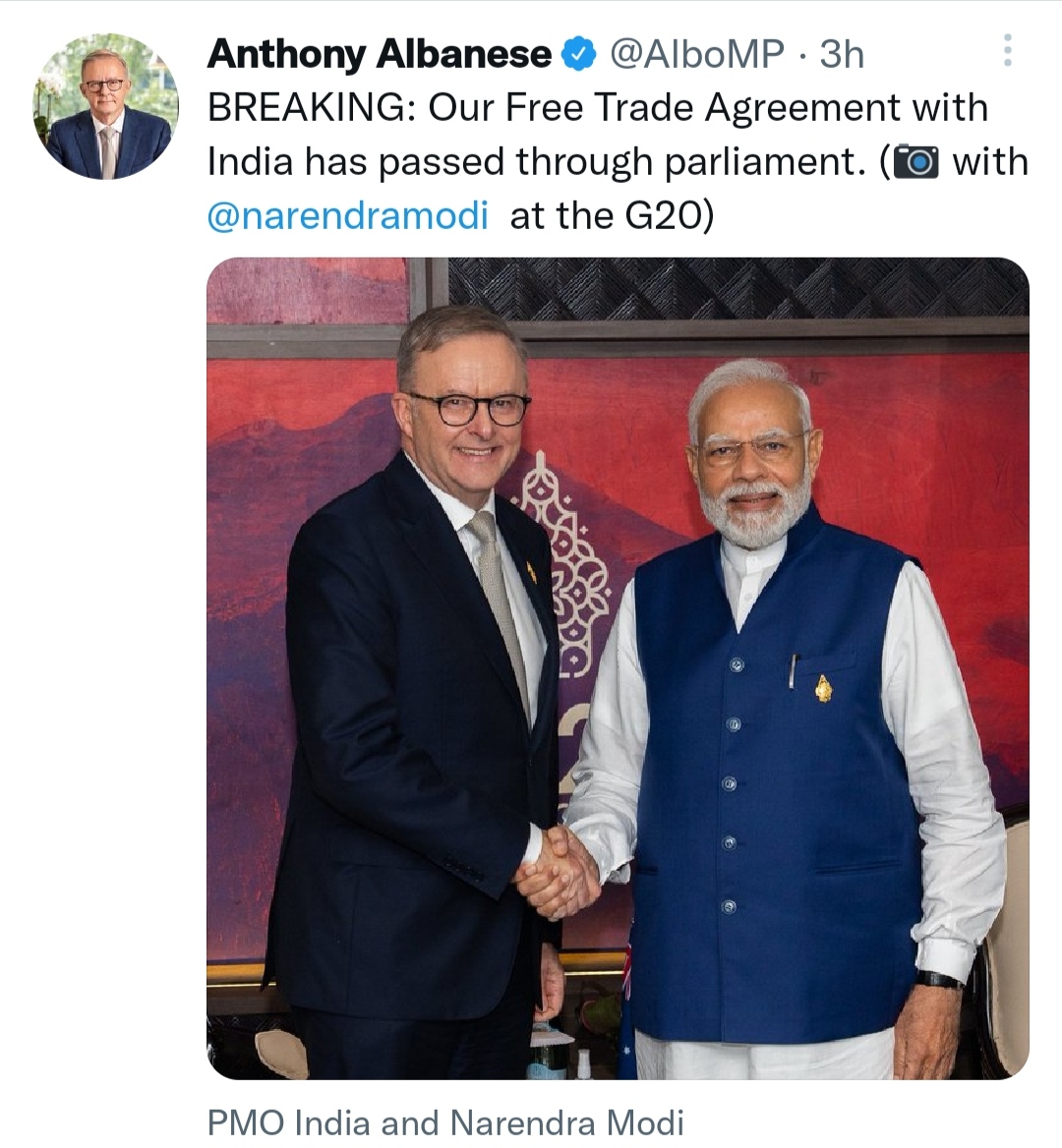 भारत के साथ FTA संसद से पारित: ऑस्ट्रेलियाई PM ने ट्वीट कर दी जानकारी