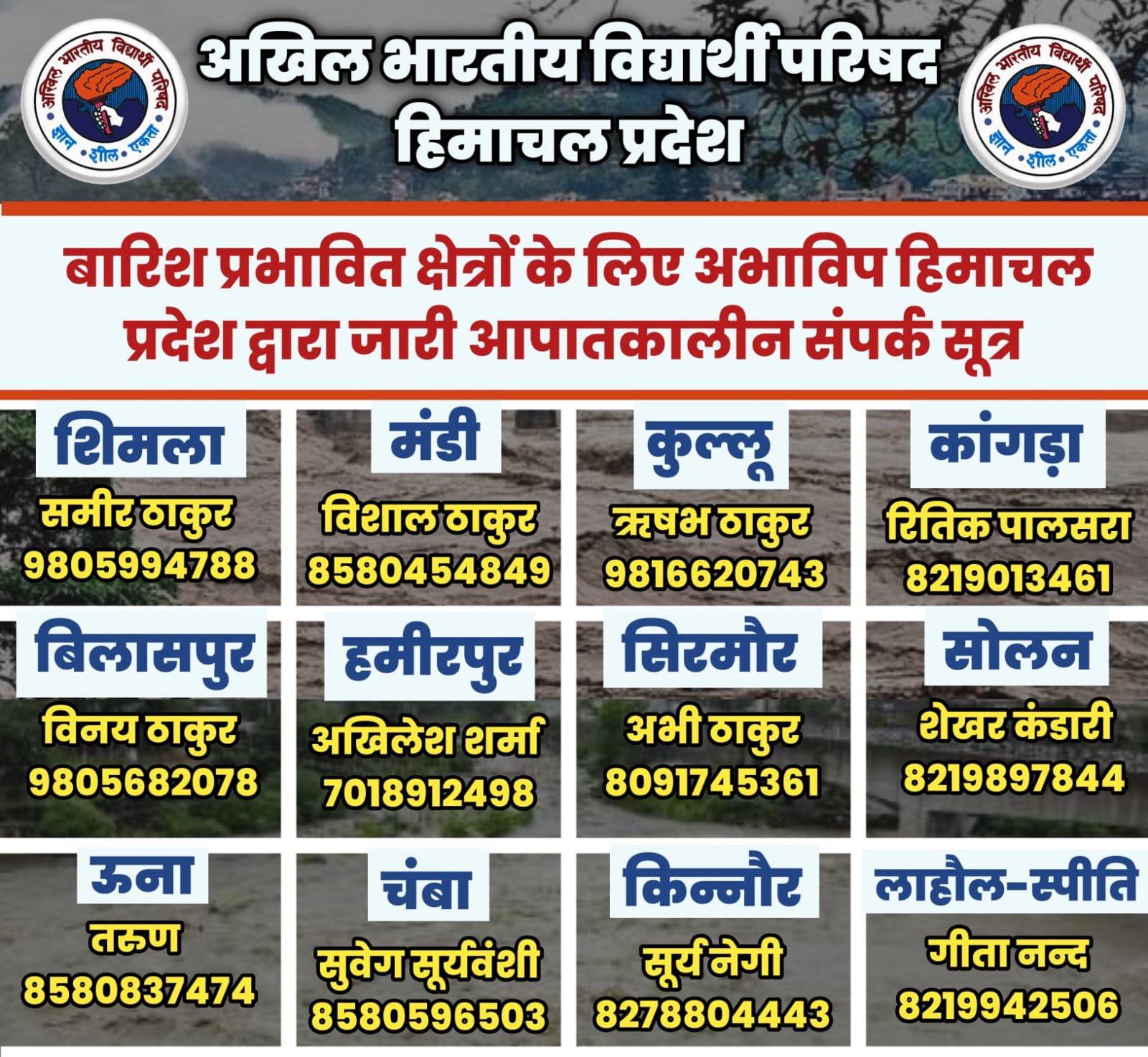 बरसात के संकट में ABVP ने जारी किए सभी जिलों में हेल्पलाइन नंबर - आकाश नेगी