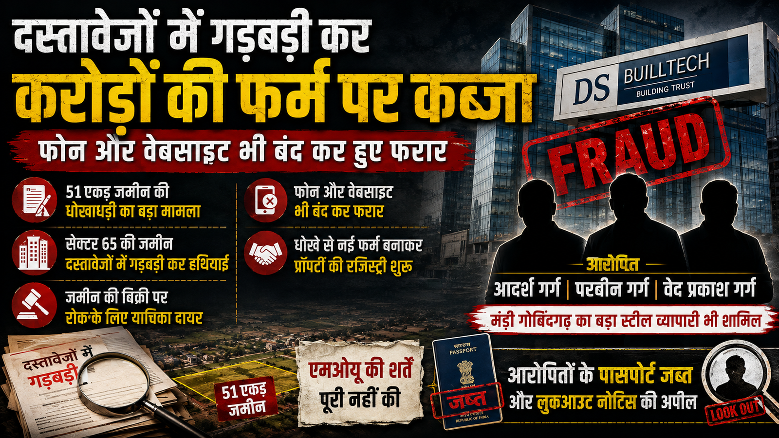 दस्तावेजों में गड़बड़ी कर करोड़ों की फर्म पर कब्जे का आरोप, 51 एकड़ जमीन विवाद में तीन आरोपी फरार