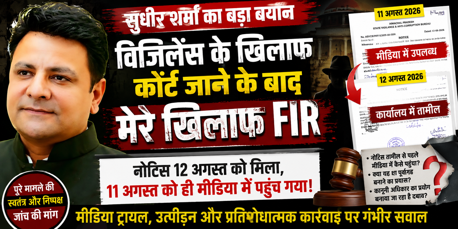 विजिलेंस अधिकारियों के खिलाफ कोर्ट पहुंचे सुधीर शर्मा के खिलाफ FIR पर सवाल, नोटिस तामील से पहले मीडिया में पहुंचने की स्वतंत्र जांच की मांग